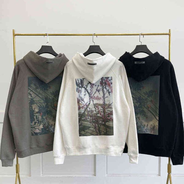 

essentials double autumn flower printed sweater for men and women loose high street hoodie women's back pretty print sweatshirt fashion, Black