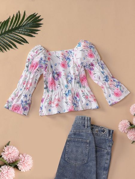 

toddler girls floral print gathered sleeve peplum blouse she, White;black