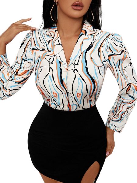 

allover print lapel button through blouse u8r6#, White