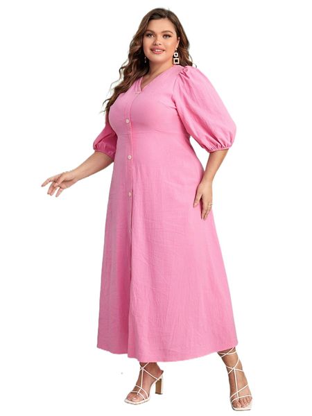 

plus puff sleeve single breasted dress p1u4#, Black