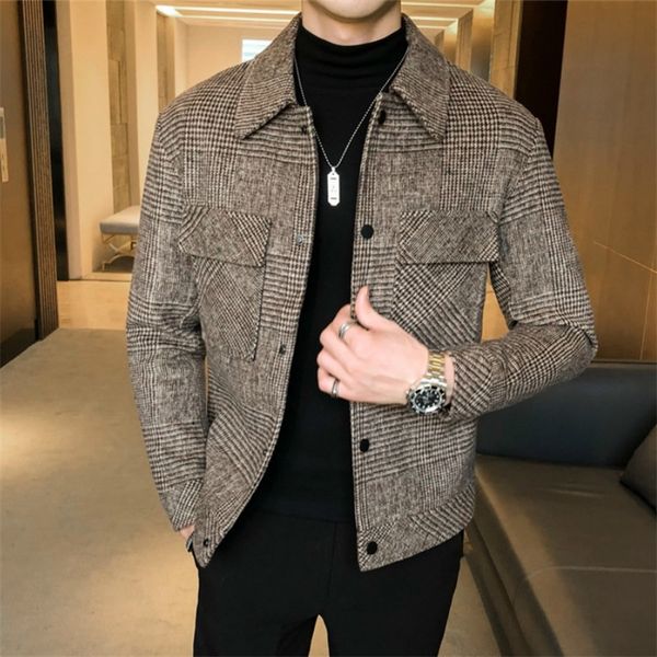 

plaid jackets men wool trench coat jacket outwear casual slim fit thicker winter jackets steetwear windbreaker 201127, Black