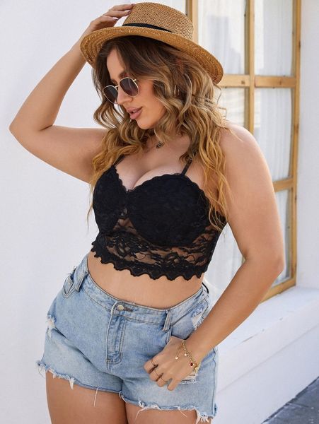 

plus contrast lace crop cami w4b8#, Black