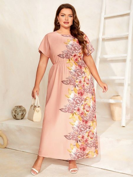 

plus batwing sleeve floral spliced dress b0ms#, Black