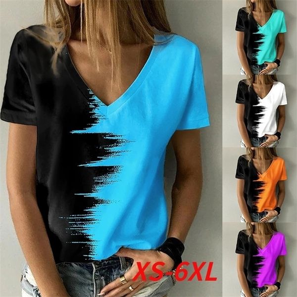 Yaz kadın Moda Soyut 3D Baskılı Boyama T Gömlek Renk Blok Baskı V Boyun Temel Gevşek Gömlek Artı Boyutu Kazak Tops 220408