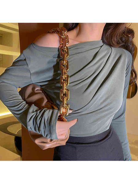 

women's t-shirt vintage original autumn and winter easy to wear comfortable asymmetric pleated one shoulder thin t-shirt 224s, White