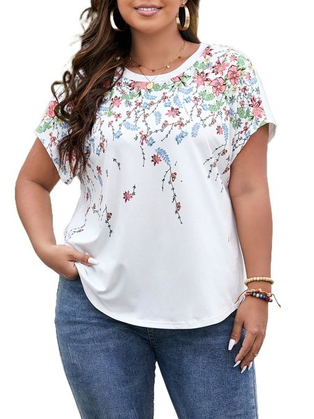 

plus floral print batwing sleeve tee x02f#, Black