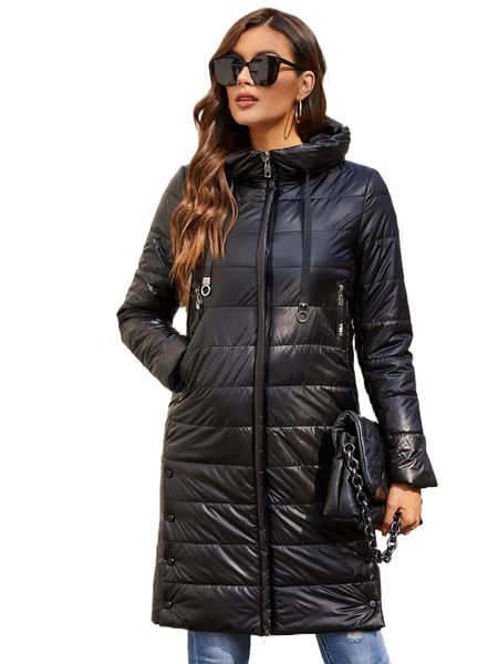 

hailuozi zip up drawstring hooded puffer coat i9at#, Black
