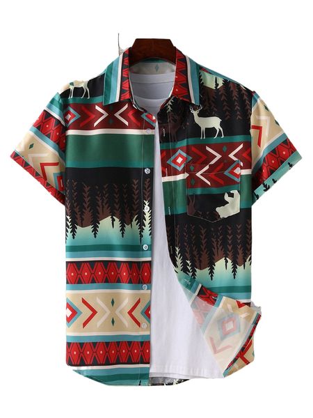 

men random elk & tree print shirt without tee 36hi#, White;black