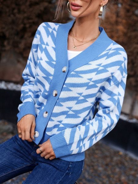 

geo pattern drop shoulder cardigan 23dq#, White;black