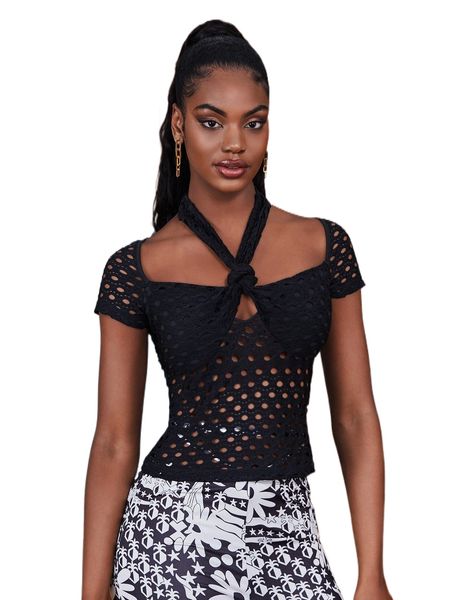 

cut out knot front tie back open knit m9rf#, White