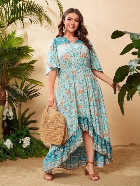 

plus floral print surplice neck flutter sleeve high-low hem dress e8kb#, Black