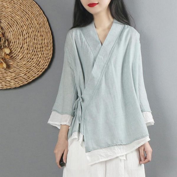 Abbigliamento etnico Donna Camicia di lino Top Cappotto cardigan retrò vintage stile cinese Fata Tai Chi Uniform Tang Suit Traspirante Casual HanfuEthn