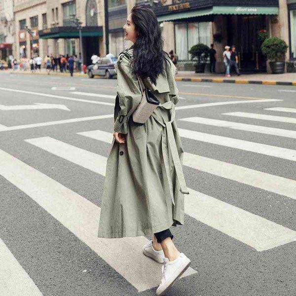 

women's trench coats england style double-breasted long women coat belted with flaps spring autumn lady windbreaker duster female cloth, Tan;black