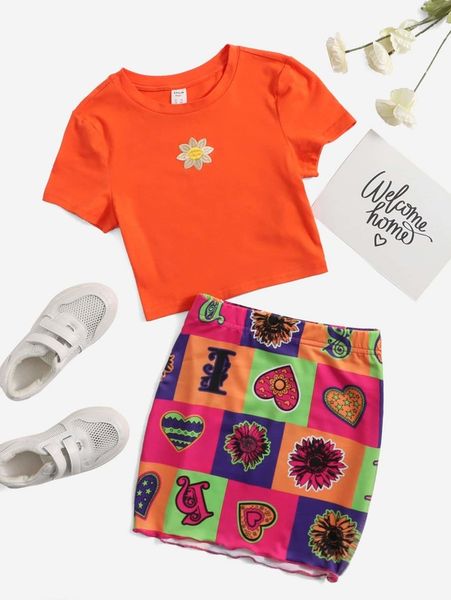 

teen girls floral embroidery & lettuce trim patchwork print skirt she, White