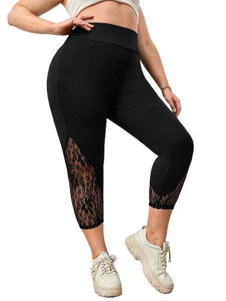 

plus contrast lace high waist leggings t5bu#, Black