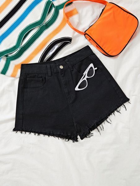 

solid raw hem denim shorts f2rs#, White;black