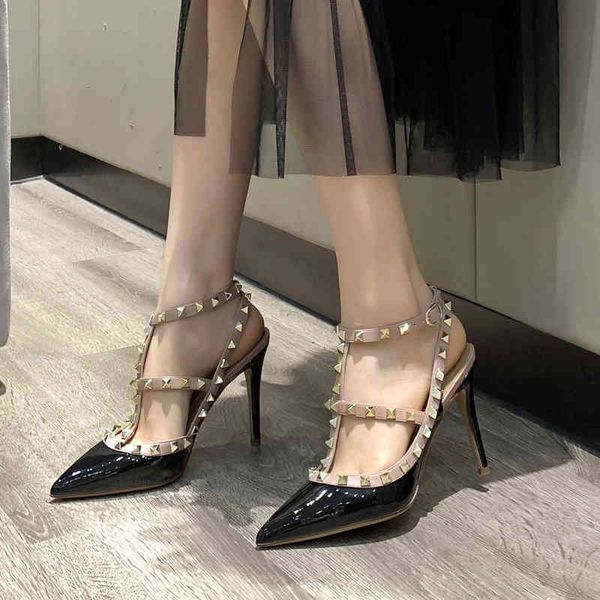 

sandals v family rivet pointed high heels two strap leather super school thin liuding sandals for women i1wp, Black