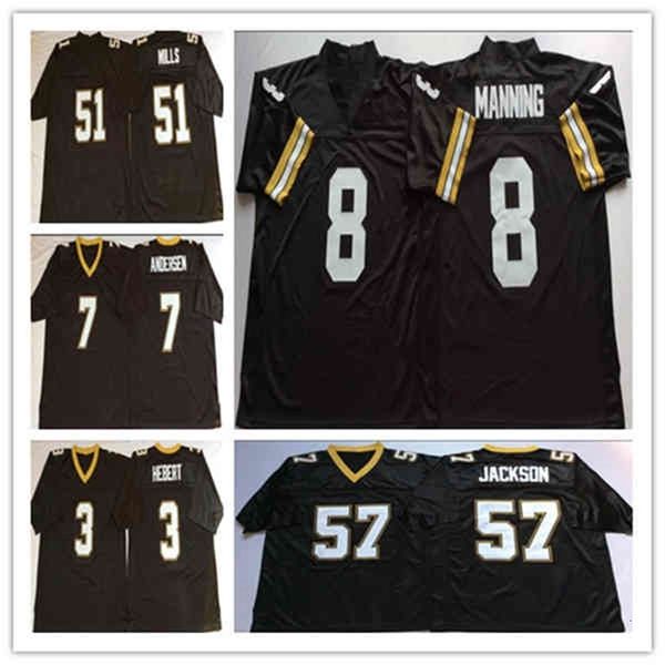 Chen37 Man NCAA Vintage College Footbalt Jerseys 8 Арчи Мэннинг 57 Рикки Джексон 7 Мортен Андерсен 3 Бобби Хеберт 51 Сэм Миллс Блэк