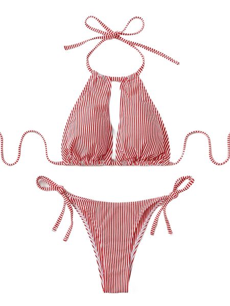 

striped halter tie side bikini swimsuit g4k3#, White;black