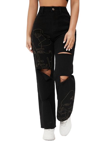 

petite high waist figure graphic ripped straight leg jeans s3sh#, Blue