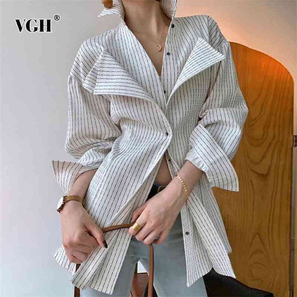 VGH blusa listrada casual para mulheres lapela de manga longa dividir tamanho grande camisa de temperamento de moda feminina 210401