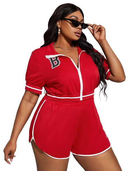 

plus letter graphic zip up jacket & contrast binding shorts l9aw#, Black