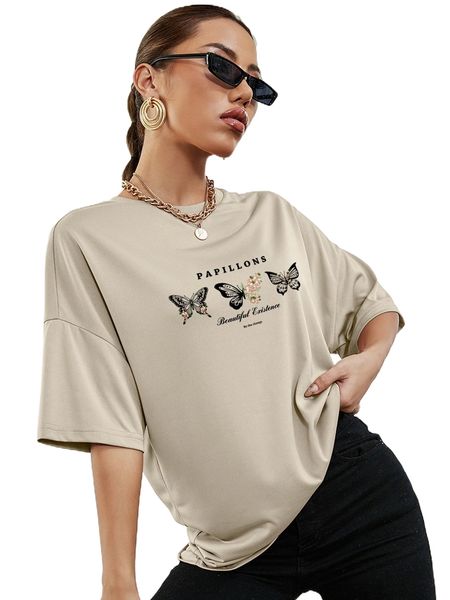

l.etter & b.utterfly print d.rop s.houlder o.versized tee m25v#, White