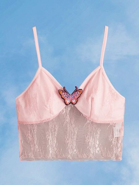 

romwe butterfly patched contrast lace crop cami p4fs#, White