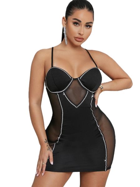 

rhinestone detail sheer mesh insert bodycon mini dress t4vi#, Black;gray