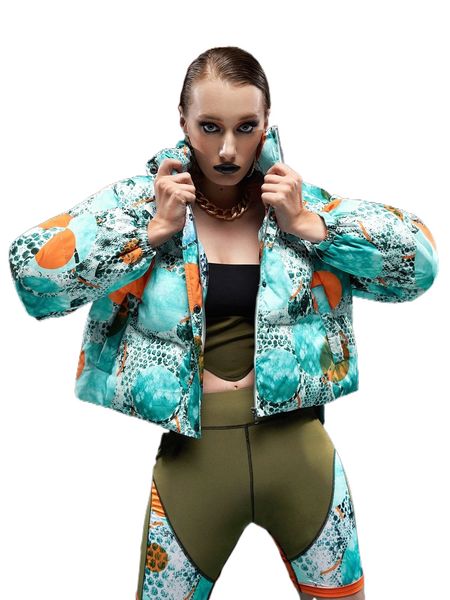 

x ebib allover print zip up snap button puffer coat r4hj#, Black