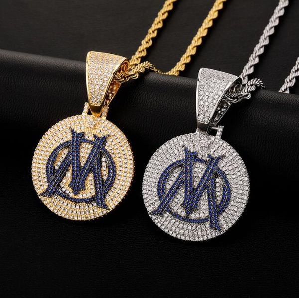 

hip hop pendants micro paved cubic zirconia bling iced out letter m disc necklace for men rapper jewelry gift, Silver