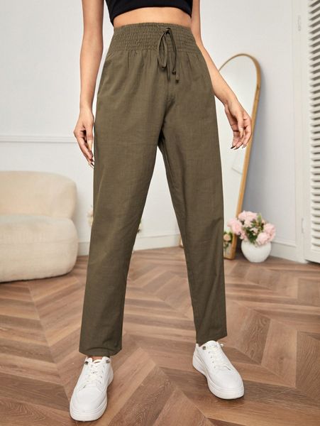 

petite shirred knot waist solid pants l2gq#, Black;white