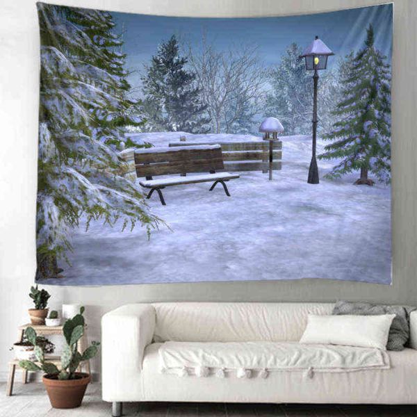 Tappeto da parete di Natale Sfondo di neve Stampa Montato Arte Arazzo Soggiorno Camera da letto Decorazione J220804