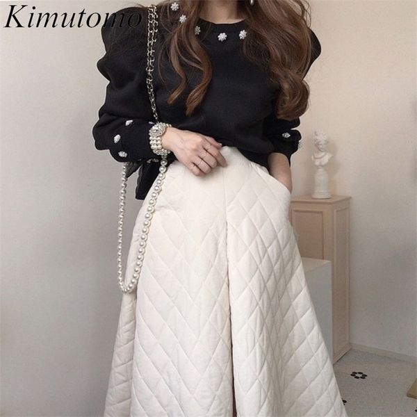 

kimutomo chic set woman autumn ins o-neck beaded loose sweater diamond check double pockets high waist quilted skirt suit 220318, White