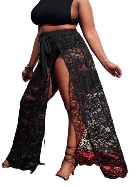 

sxy plus high waist panty insert wrap hem belted lace cover up u14z#, Black