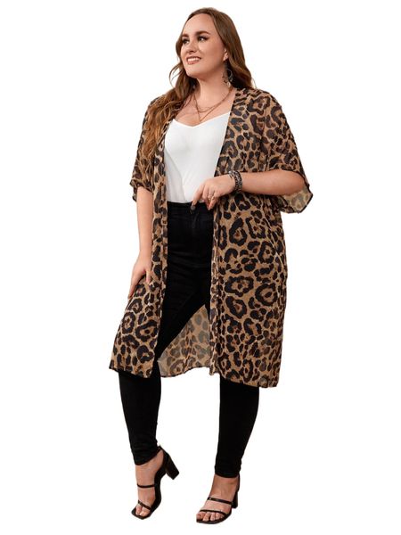 

plus leopard print kimono w1az#, Black;gray