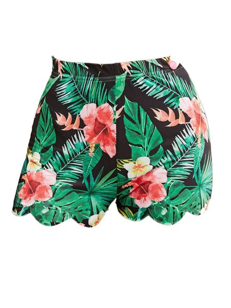 

tropical print scallop edge shorts z07r#, White;black