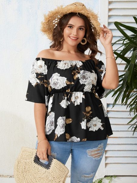 

plus floral print off the shoulder blouse m3wb#, Black