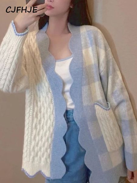 

women korean parchwork knitting sweater coat 2022 new autumn plaid kawaii knited sweater cardigan female designer winter clothes, White;black