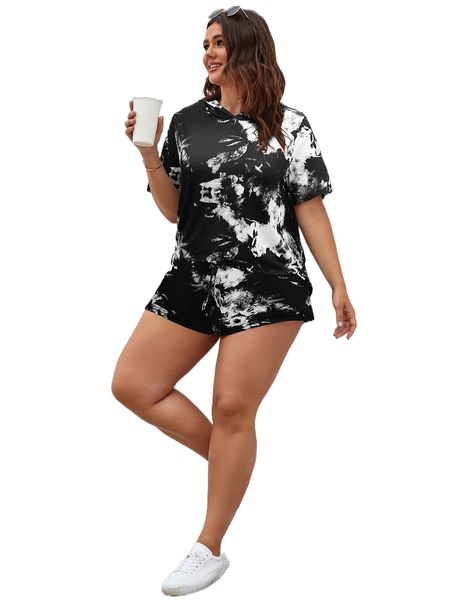 

plus tie dye hooded tee & shorts l836#, Black
