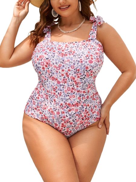 

plus ditsy floral tie shoulder one piece swimsuit 411y#, White;black