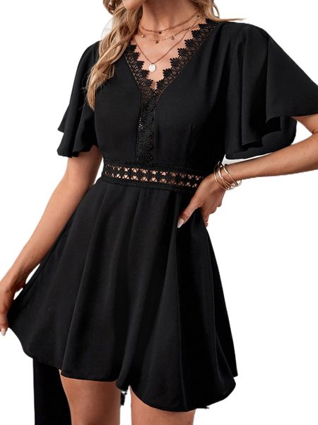 

v neck butterfly sleeve lace insert romper p84w#, Black;white