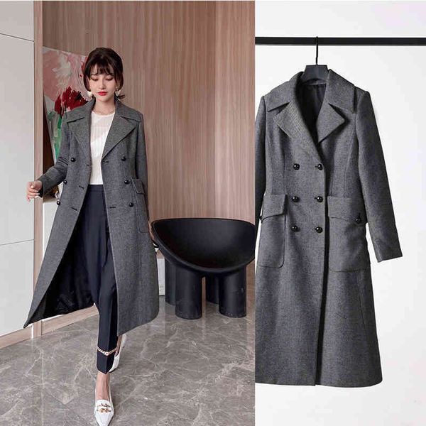 

women's trench coats 2022 early spring slim double breasted large pocket herringbone wool tweed coat women's yuan, Tan;black