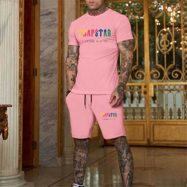 

men s summer tracksuit solid color outfits set fashion trapstar t shirt shorts casual sports jogging suit outdoor clothing male 220606gx, Gray