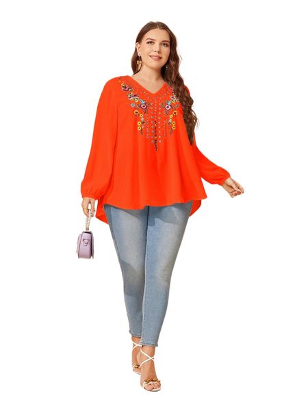 

plus floral embroidery blouse 112x#, Black
