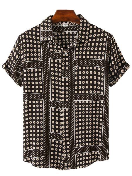 

men ditsy floral & polka dot print button up shirt c1av#, White;black