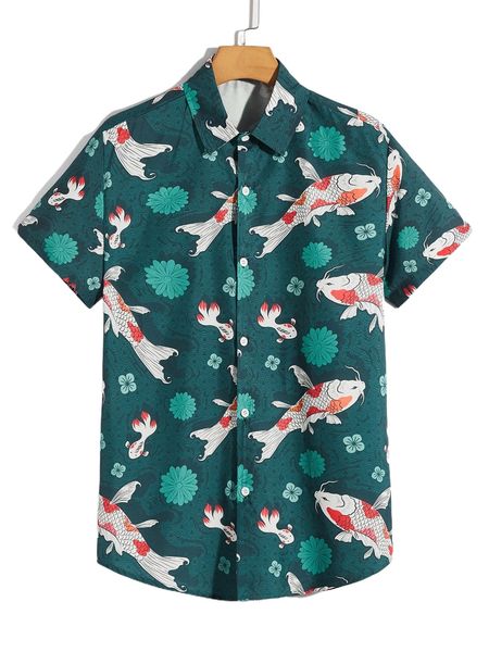 

men koi and floral print button up shirt n3nf#, White;black