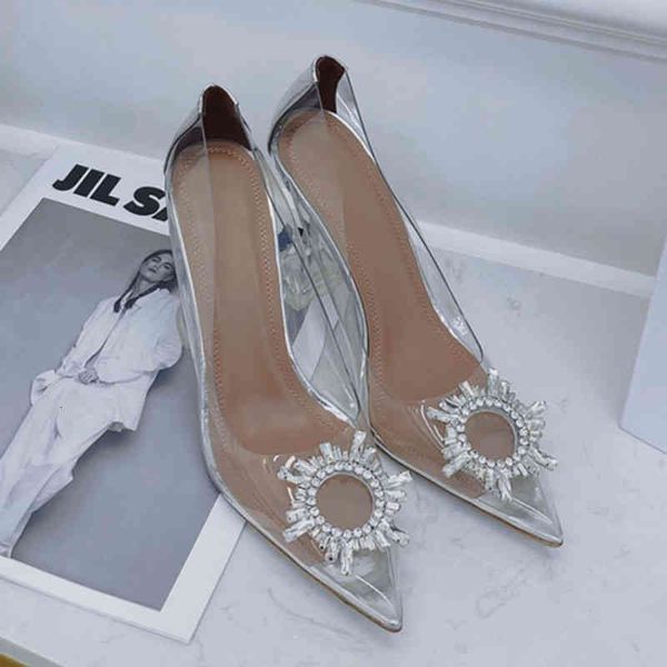 

sandals high heels women's thin versatile mesh red crystal transparent french pointed single shoes wedding women, Black
