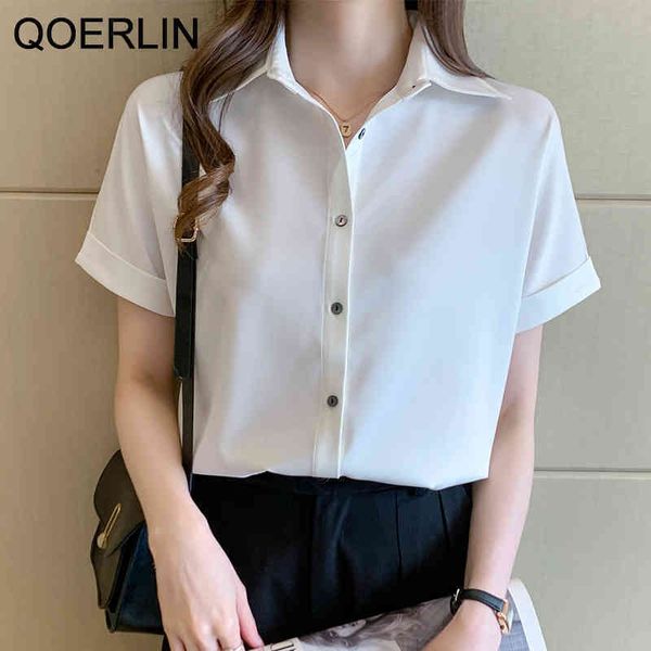 

qoerlin summer white satin shirts women short sleeve shirt female formal polo formal blouse office ladies plus size s2xl 210412