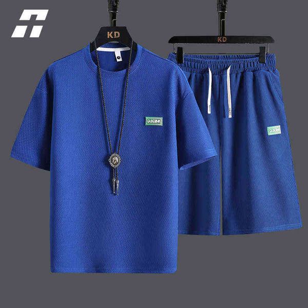 

summer 2022 2 piece set men short sleeve t shirt solid cropped shorts men's tracksuits sportswear suit fashion t-shirt sets, Gray
